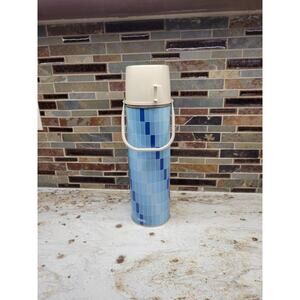 Vintage Blue King Seeley Thermos, Geometric Tile, 13-1/2" Tall Farmhouse Decor